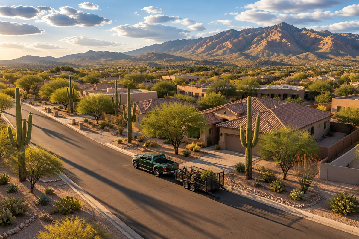 A late-afternoon aerial over a Tucson foothills neighbourhood of tile-roofed homes and saguaros, a green landscaping truck and trailer at the kerb, the Santa Catalina Mountains behind