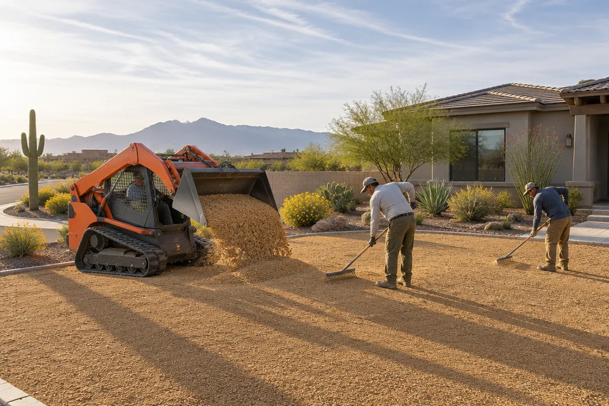 A Bravo Brothers track loader tipping decomposed granite into a Tucson front yard on a spring morning while two of the crew rake it level