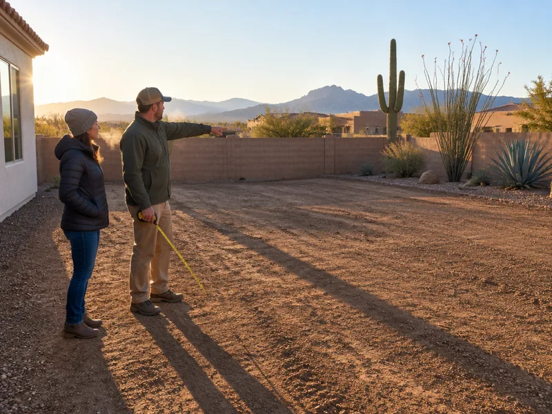A Bravo Brothers designer sighting along the fall of a bare back yard on a winter morning while the homeowner follows his hand