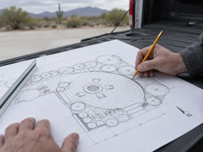 A hand-drawn planting plan spread on a pickup tailgate in the shade, a pencil tracing the curve of the new terrace