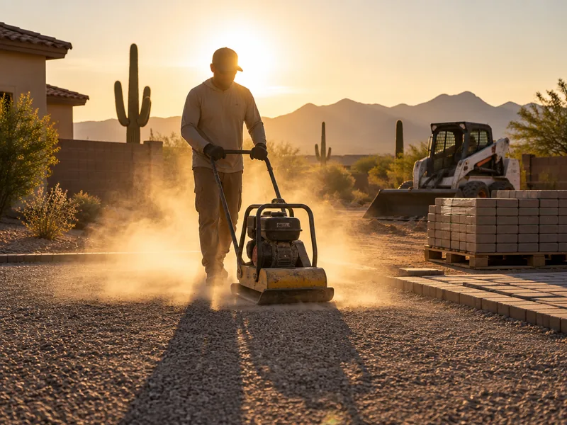 A crew member running a plate compactor over the crushed-rock base late in the afternoon, the dust lit from behind by a low sun, a loader and a pallet of pavers behind
