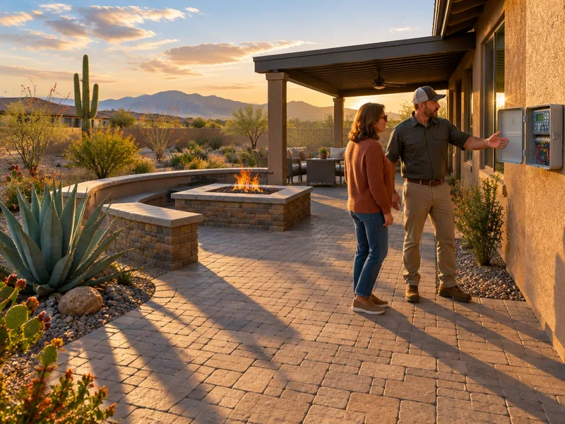 The foreman walking a finished paver terrace and fire pit with the homeowner in late-afternoon light, the irrigation timer open on the wall beside them