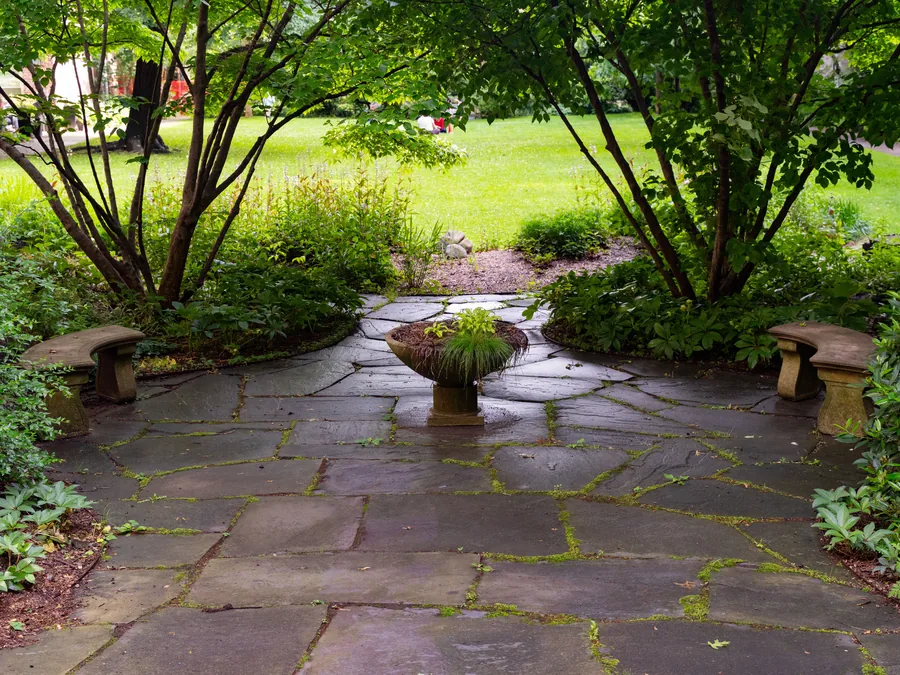 A flagstone terrace surrounded by mature planting